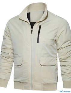 7 White Stand Collar Outerwear For Outdoor, White Outdoor Outerwear With Side Pockets, White Cotton Outerwear For Outdoor Activities, Outdoor Solid Cotton Track Jacket, Cotton Track Jacket For Outdoor, Solid Cotton Track Jacket For Outdoor, Pure Color, Casual Jacket, High Collar