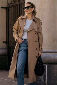 Fashion Jackson Wearing MAYSON the label Long Trench Coat Grey Tee AGOLDE Jeans Bottega Veneta Black Teen Jodie Street Style Outfit Spring Outfit Trench Coat Outfit Coat And Skirt