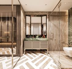 a bathroom with marble walls and flooring next to a bathtub in the corner