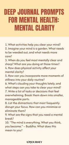 Find mental clarity and inner peace with these deep journal prompts for mental health. Explore your thoughts and emotions through introspective writing. Take some time for yourself to reflect and gain a better understanding of your mental well-being. Journaling can help you process complex feelings and improve your overall emotional health. Start this self-care journey today! Deep Journal Prompts, Journal Prompts For Mental Health, Positive Mental Health, Time For Yourself