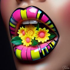 a woman's lips are painted with bright colors and flowers on the tip of her lip