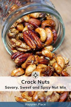 a jar filled with nuts sitting on top of a wooden table