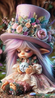 a doll with pink hair wearing a purple hat and holding a small bird in her hand