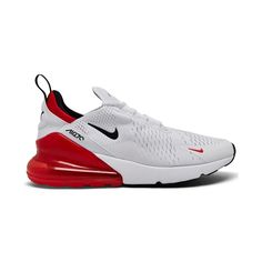 The iconic 1991 Air Max 180 is immortalized with the Nike Men’s Air Max 270 Casual Shoes. Featuring an exaggerated tongue, large volume Max Air unit and heritage branding, these sneakers offer the best of both worlds - old school details and modern comfort..Large Volume visible Max Air unit.Neoprene stretch bootie construction hugs the foot.Durable 3-piece midsole design.Breathable mesh accents for ventilation.Textile and synthetic on the upper.Large tongue and classic logo for style.Style no. BV2523.Mens athletic footwear from Finish Line.Synthetic upper; Rubber sole.Wipe clean.Imported Red Nike Air Max For Sports With Boost Midsole, Nike Air Max 270 Bright Colors, Nike Air Max Fade-resistant Sports Shoes, Heritage Branding, Sporty Red Nike Air Max For Sports, Sporty Nike Air Max For Running, Synthetic, Air Max 180, Air Max 270, Classic Logo