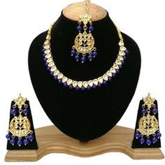 Gold Rodium Polish Blue color Necklace in Metal Alloy studded with CZ Diamond, Kundan Festive Blue Round Necklace, Blue Metal Necklace For Festive Occasions, Blue Jeweled Metal Jewelry, Blue Jeweled Jewelry For Festive Occasions, Festive Blue Jeweled Jewelry, Color Necklace, Metal Necklace, Blue Necklace, Cz Diamond