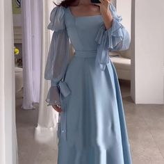 Hot Fashionista Abilene Tiered Puff Sleeves Square Neck Midi Dress Satin Long Dress, Forest Dress, A Line Maxi Dress, Satin Evening Dresses, Elegant Maxi Dress, فستان سهرة, Formal Casual, Dresses 2024, Fairy Dress