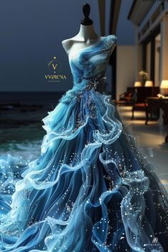 #fantasyworld #aiart Blue Fantasy Ball Gown, Blue Color Mythical Dresses, Mermaid Dress Fantasy Art, Fantasy Dress Queens, Blue Dress Fantasy Art, Ocean Fantasy Mermaid Dresses Fashion Couture, Ball Gowns Fantasy, Ocean Outfits, Ocean Dress