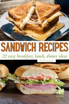 sandwiches are stacked on top of each other with the words sandwich recipes below them in orange letters