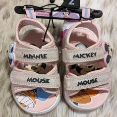 Super Adorable Size 2 Pink Minnie And Mickey Mouse Sandals. They Have Adjustable Straps! Pink Non-slip Flat Sandals, Non-slip Flat Pink Sandals, Pink Non-slip Closed Toe Sandals, Pink Soft Sole Synthetic Sandals, Playful Pink Synthetic Sandals, Pink Synthetic Sandals With Soft Sole, Cute Pink Non-slip Sandals, Pink Non-slip Sandals For Playtime, Playful Pink Sandals With Round Toe