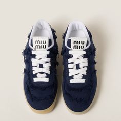 Find MIU MIU Denim Sneakers on Editorialist. Upper with fraying Fabric lining Screen-printed logo on the tongue and insole Cotton laces Rubber sole with logo Removable fabric-covered insole Designer Clothes Aesthetic, Shoes With Charms, Miu Miu Sneakers, Miu Miu Denim, Fraying Fabric, Sneakers Aesthetic, Sneakers 2024, Designer Shoes Sneakers, Denim Sneakers