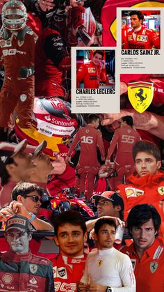 a collage of photos with the ferrari team and drivers in red uniforms, including two men