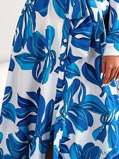 Lasaky - Chic and Elegant Plus Size Boho Dress: Womens Tropical Print Maxi Shirt Dress With Belt, Long Sleeve Lapel Collar and Button-Up Design Printed Button-up Beach Dress, Beach Button-up Printed Dress, Button-up Printed Beach Dress, Blue Printed Collared Dress, Blue Collared Printed Dress, Plus Size Boho Dress, Shirt Dress With Belt, Tropical Print Maxi Dress, Elegant Plus Size