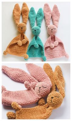 crocheted stuffed animals are shown in three different colors