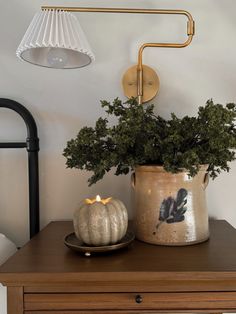 a potted plant sitting on top of a wooden table next to a candle holder