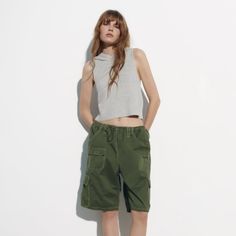 Nwt Zara Oversized, Mid Rise Army Shorts. So Chic! Dark Green And Drawstring, With Pockets Casual Khaki Pants With Built-in Shorts, Casual Bermuda Shorts In Khaki, Casual Bermuda Khaki Shorts, Casual Khaki Bermuda Shorts, Summer Cargo Bermuda Shorts, Casual Khaki Bermuda Bottoms, Spring Cargo Style Knee-length Shorts, Casual Cargo Shorts For Spring, Utility Bottoms With Built-in Shorts For Summer