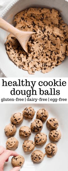 chocolate chip cookie dough balls in a white bowl with a wooden spoon and text overlay that reads healthy cookie dough balls gluten free dairy - free