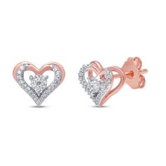 Rose Gold Heart Cut Diamond Earrings, Rose Gold Diamond Heart Cut Earrings, Rose Gold Heart Cut Earrings With Diamond Accents, Heart Cut Diamond Earrings With Accents For Valentine's Day, Rose Gold Heart Earrings With Diamond Accents, Valentine's Day Double Heart Diamond Earrings For Anniversary, Heart Shaped Rose Gold Earrings With Diamond Accents, Valentine's Day Diamond Earrings With Accents, Heart-shaped Rose Gold Earrings With Diamond Accents