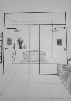 a drawing of a bathroom with a tub and sink in it's center area