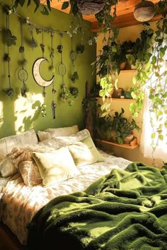 a bedroom with green walls and hanging plants