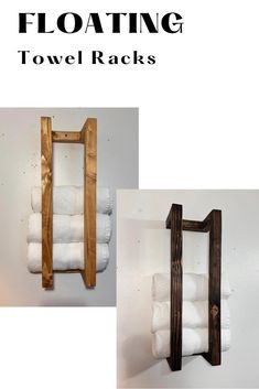 towel racks made out of wood and white towels hanging on the wall with text reading floating towel racks