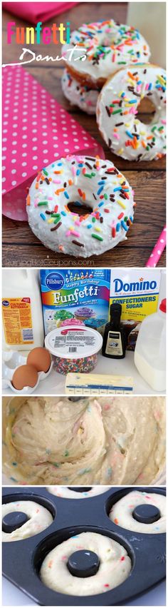 donuts with icing and sprinkles sitting on top of each other