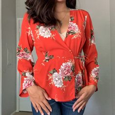 Nwot Astr Wrap Top. Beautiful Vibrant Red And Elegant Flowers. I Really Wish This Would Work For Me But I’m Breastfeeding And The Neck Line Is Too Open For My Ugly Nursing Bras Pit To Pit: 18 Inches Length: 22 Inches Sleeve Length From Armpit: 14.5 Inches Feminine Red Tops For Spring, Red Blouse For Spring Brunch, Spring Brunch Red Blouse, Red Spring Tops For Brunch, Red Fitted Tops For Brunch, Red Tops For Spring Brunch, Fitted Red Tops For Brunch, Red Printed Tops For Day Out, Chic Red Blouse For Brunch