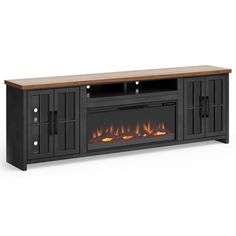 an entertainment center with a fireplace in it