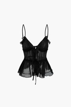 Tie Front Sheer Ruffle Cami Top – Micas Ruffle Cami Top, Fest Outfits, Mode Zara, Fashion 90s, Black Cami Top, Pastel Outfit, Crop Top Dress, List Style, Online Tops