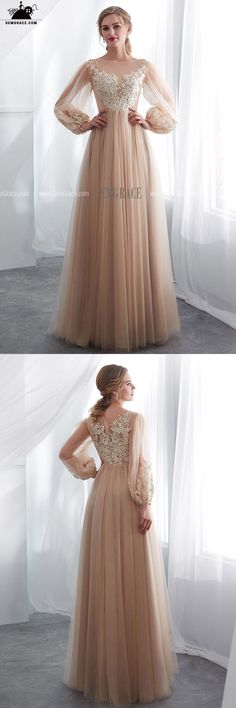 Long Sleeve Tulle Evening Dress For Bridesmaid, Floor-length Dress With Sheer Sleeves For Banquet, Sheer Sleeves Evening Dress For Prom Season, Sheer Sleeved Evening Dress For Prom Season, Long Sleeve Dress With Sheer Bodice For Prom, Champagne Lace Prom Dress, Sheer Bodice Evening Dress For Wedding Party Season, Wedding Dresses With Sheer Sleeves For Party Season, Banquet Evening Dress With Sheer Sleeves