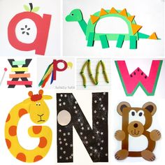 the letters are made up of different types of animals and letters that appear to be cut out from construction paper