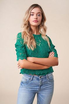 Add a touch of elegance to any outfit with the 'Romeo Romeo' balloon sleeve lace blouse! Dainty eyelash lace shapes a crew neckline, atop a contrasting crochet lace bodice framed by short, balloon sleeves. Cropped, scalloped hem finishes the flirty look. - Model is 5'9" and wearing size small. Available in emerald green. 100% polyester. Imported. Short Balloon Sleeves, Neutral Outfit, Lace Bodice, Scalloped Hem, Trim Detail, Balloon Sleeves, Lace Blouse, Crochet Lace, Women Crop