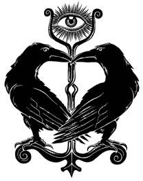 two black birds sitting on top of each other in the shape of a heart with an eye