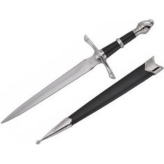 two knives with black handles and silver tips