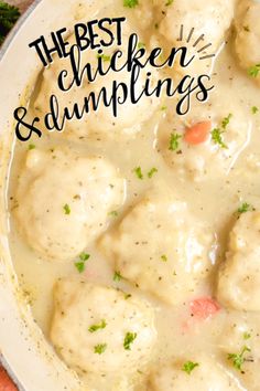 the best chicken and dumplings recipe in a white bowl