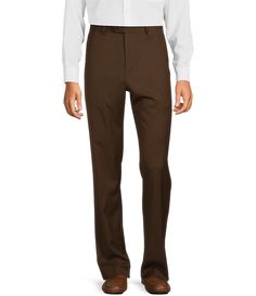 From Roundtree & Yorke&#x2C; these dress pants feature:Luxury Gabardineflat frontwrinkle resistant&#x2C; with crease retentionzip fly with extended tab closureultimate comfort waist expands up to 2 inches without an elastic mechanismclassic fit is relaxed through the hip&#x2C; thigh&#x2C; and legnon-ironpolyester&#x2C; rayon&#x2C; and spandexmachine wash; tumble dryImported. Brown Fitted Flat Front Bottoms, Suit Separates, Dillard's, Dress Pants, Mens Pants, Elastic, Pants, Quick Saves, Trousers