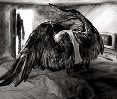 a black and white drawing of an angel sitting on a bed with its wings spread out