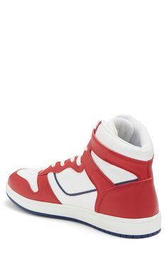 A durable cupsole and cushioned collar support active feet in a colorblock basketball sneaker. Leather upper/textile lining/rubber sole Imported Collegiate Low-top Basketball Sneakers, Collegiate High-top Basketball Shoes With Boost Midsole, Casual High-top Sneakers For Basketball, Collegiate Low-top Basketball Shoes, Low-top Fade-resistant Basketball Sneakers, Fade-resistant Low-top Sneakers For Basketball, Fade-resistant Low-top Basketball Sneakers, Mid-top Fade-resistant Basketball Sneakers, Collegiate White Basketball Shoes With Boost Midsole