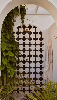 an arched door with black and white tiles on it, surrounded by greenery at the entrance to a bathroom