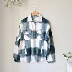 Brand New Unbranded Boutique Green & White Plaid Classic And Versatile, This Plaid Flannel Shirt Jacket In A Mid-Weight Cozy Fabric Is Perfect All Year Round - Light Enough For Summer Evenings And Warm Enough For Fall Days. Button Down With Silver Tone Buttons Front Flap Pockets With Button Closure Slant Hand Pockets Curved High-Low Hem Relaxed Fit Polyester - Brushed Wool Feel Approximate Flat Measurements Medium Pit To Pit 24" Length 30" Large Pit To Pit 25" Length 31" Jacket, Shacket, Shirt J White Shacket With Lapel Collar And Pockets, White Lapel Collar Shacket For Workwear, Oversized White Long-sleeve Shacket, Oversized White Shacket With Long Sleeves, White Casual Shacket For Work, Casual White Shacket For Work, Casual White Oversized Shacket, White Cotton Button-up Shacket, White Cotton Shacket For Work