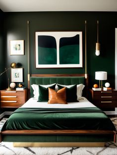 a bed with green sheets and pillows in a room that has dark green walls, white rugs and gold accents