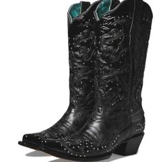 New No Box Specs In The Photos See More Boots In My Closet Elegant Silver Snip Toe Boots, Silver Snip Toe Boots For Formal Occasions, Black Western Boots With Rhinestone Rivets, Fitted Black Boots With Silver Studs, Western Boots, Heeled Boots, Black Silver, See More, Boots