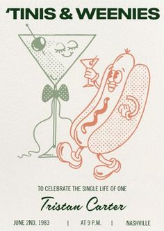 this is an image of a flyer for a cocktail party with hotdogs and martini