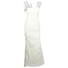 Carolina Herrera Ivory Cotton/Linen and Silk Applique Gown - 6 Luxury White Silk Gown, White Silk Embellished Evening Dress, White Silk Evening Dress With Fitted Bodice, White Silk Evening Dress For Gala, White Silk Gown For Evening, Linen Gown, Carolina Herrera Dresses, White Ball Gowns, Beaded Evening Gowns