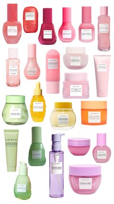 many different types of perfumes are shown in various colors and sizes, including pink, green