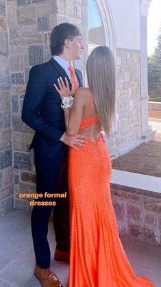 Coral Prom Couple, Black And Orange Prom Couple, Tangerine Prom Dress, Orange And Navy Prom, Coral Prom Dress With Date, Neon Orange Prom Dress Couple, Orange Prom Ideas, Pastel Orange Prom Dress