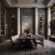 an elegant dining room with marble floors and columns