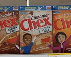 three boxes of chex are on the shelf