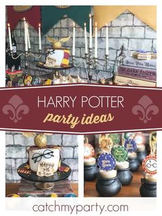 harry potter party ideas with candles and books on the table, in front of a brick wall