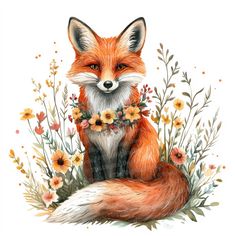 a watercolor painting of a fox surrounded by flowers