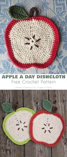 two crocheted apples with faces on them